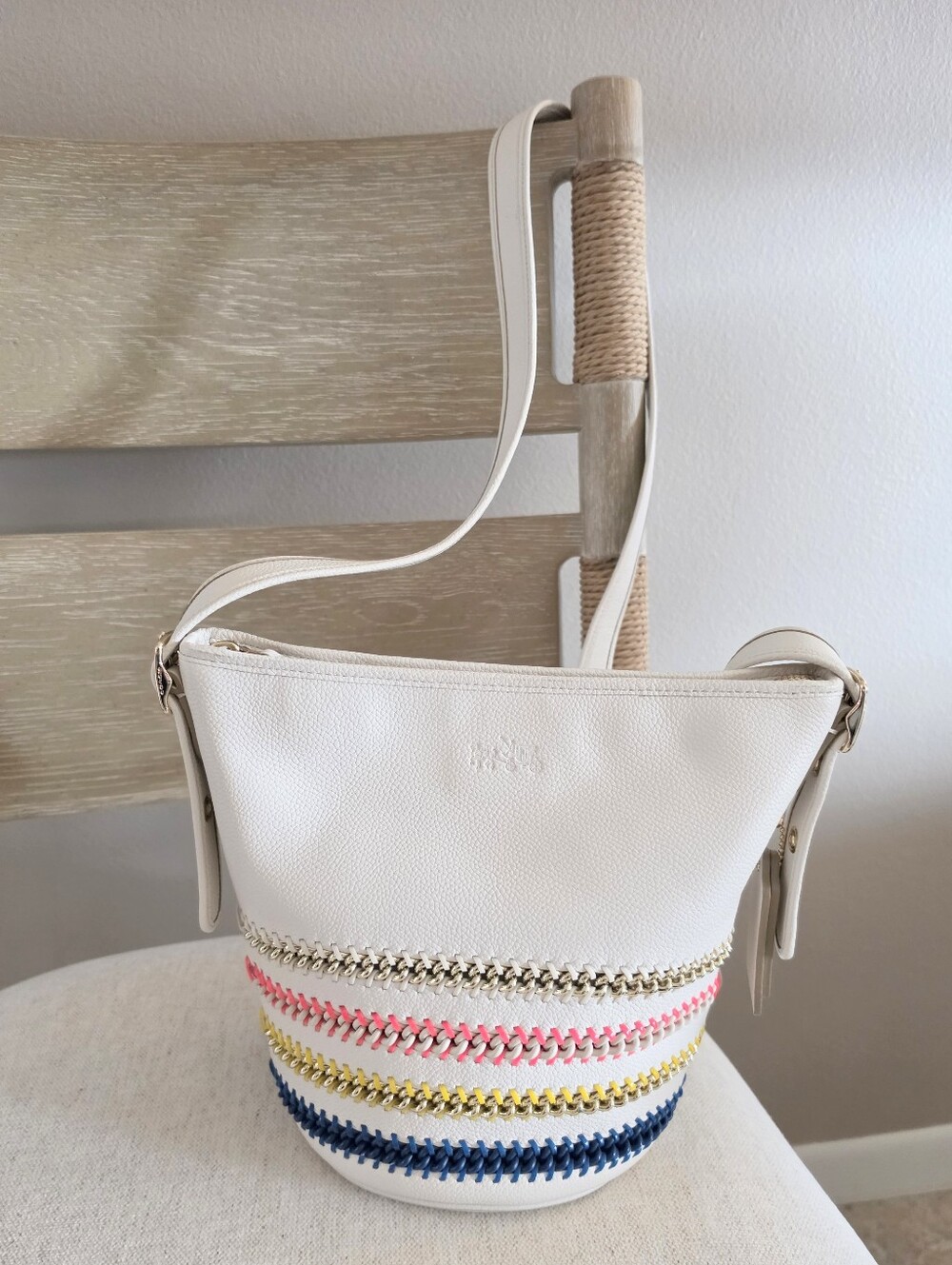 White COACH Bucket Crossbody Bag with Multicolor Trim